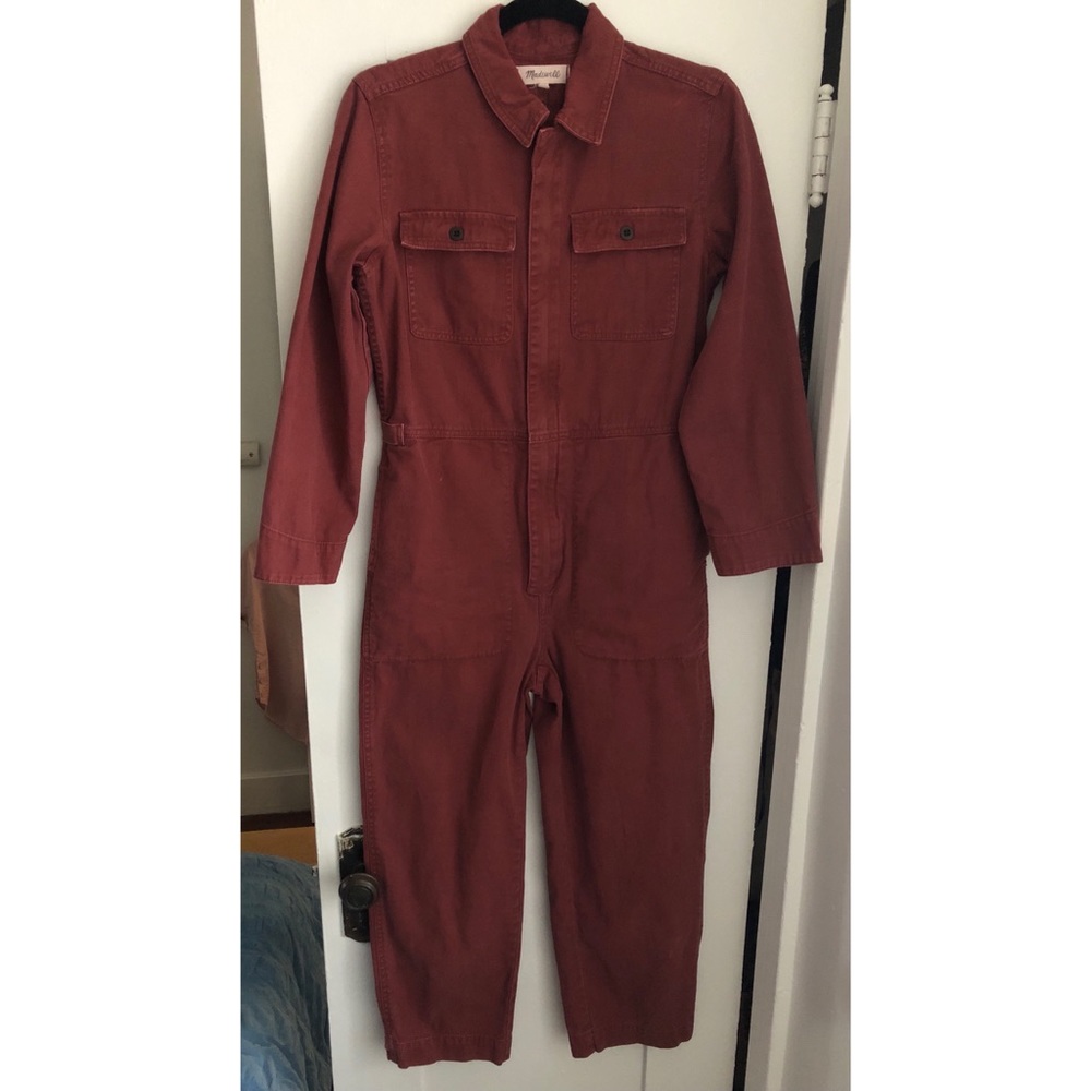 Madewell Denim Zip Jumpsuit Straight Leg Coverall Rust Red Small